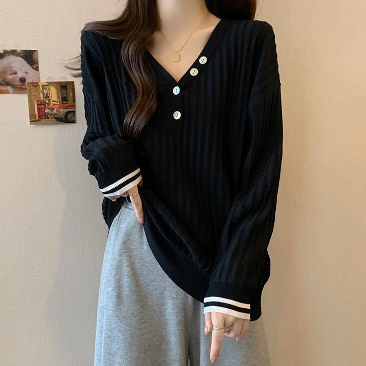 大码遮肚子V领条纹针织打底衫女春秋新款胖妹妹宽松显瘦百搭上衣
