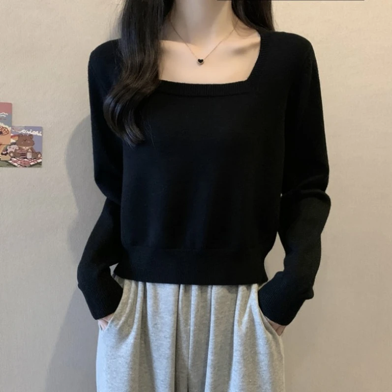 大码方领长袖针织打底衫女春秋新款胖MM宽松显瘦百搭洋气内搭上衣