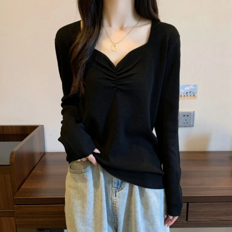 大码褶皱V领长袖针织打底衫女春秋新款胖MM宽松显瘦百搭洋气上衣