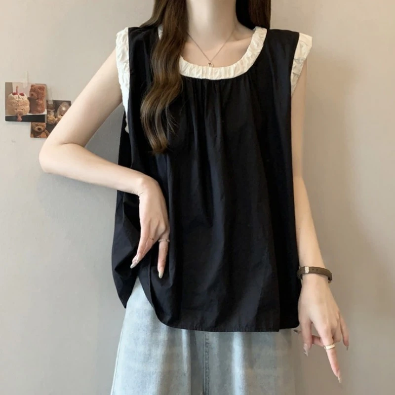 大码法式遮肚子无袖衬衫女夏季新款胖MM宽松显瘦百搭小众洋气上衣