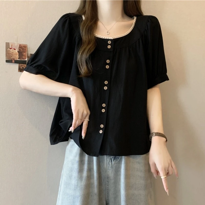 大码遮肚子法式短袖衬衫女夏季新款胖MM宽松显瘦百搭洋气小众上衣