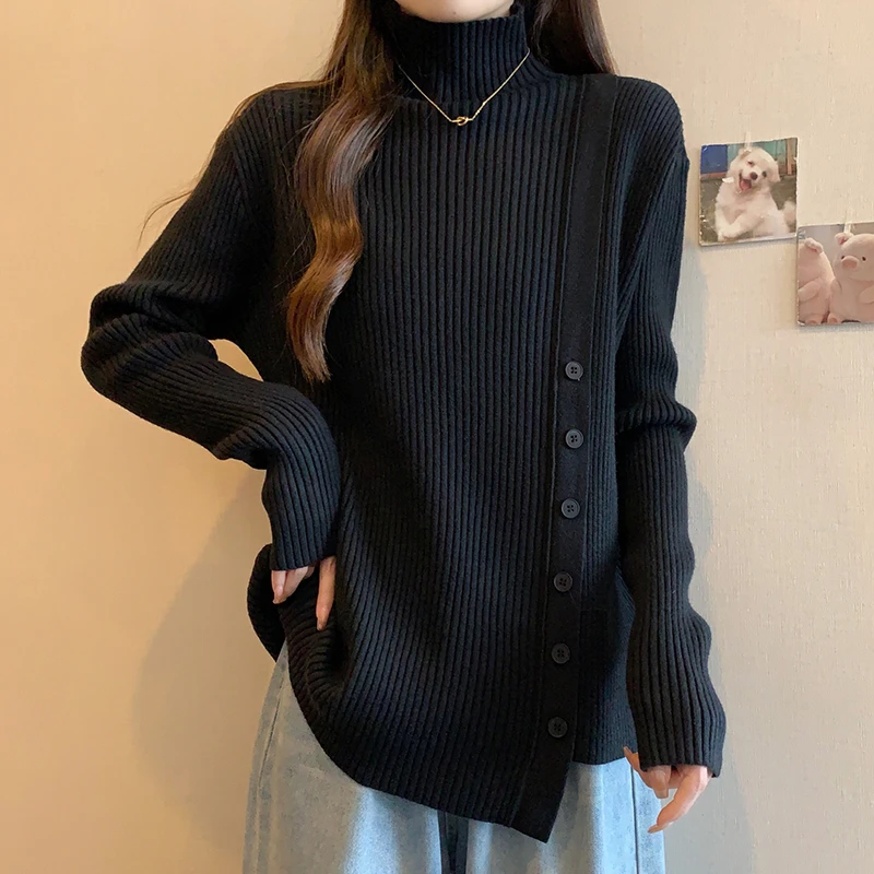 大码不规则半高领加厚针织打底衫女秋冬胖妹妹显瘦百搭长袖毛上衣