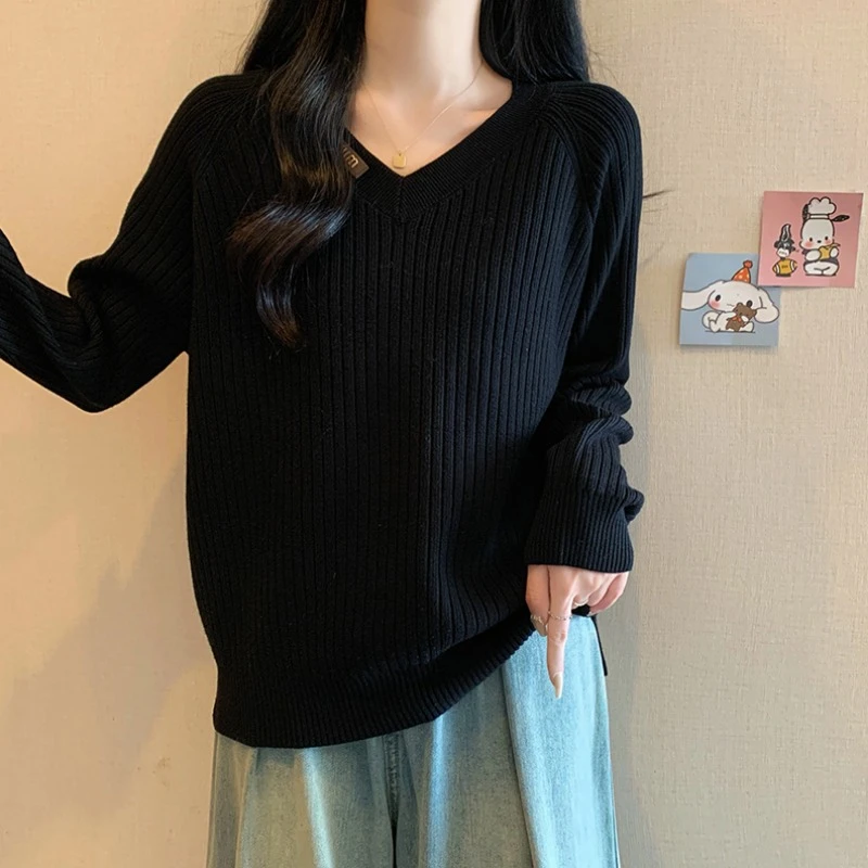 大码遮肚子V领打底毛衣女秋冬微胖MM宽松显瘦百搭长袖针织衫上衣
