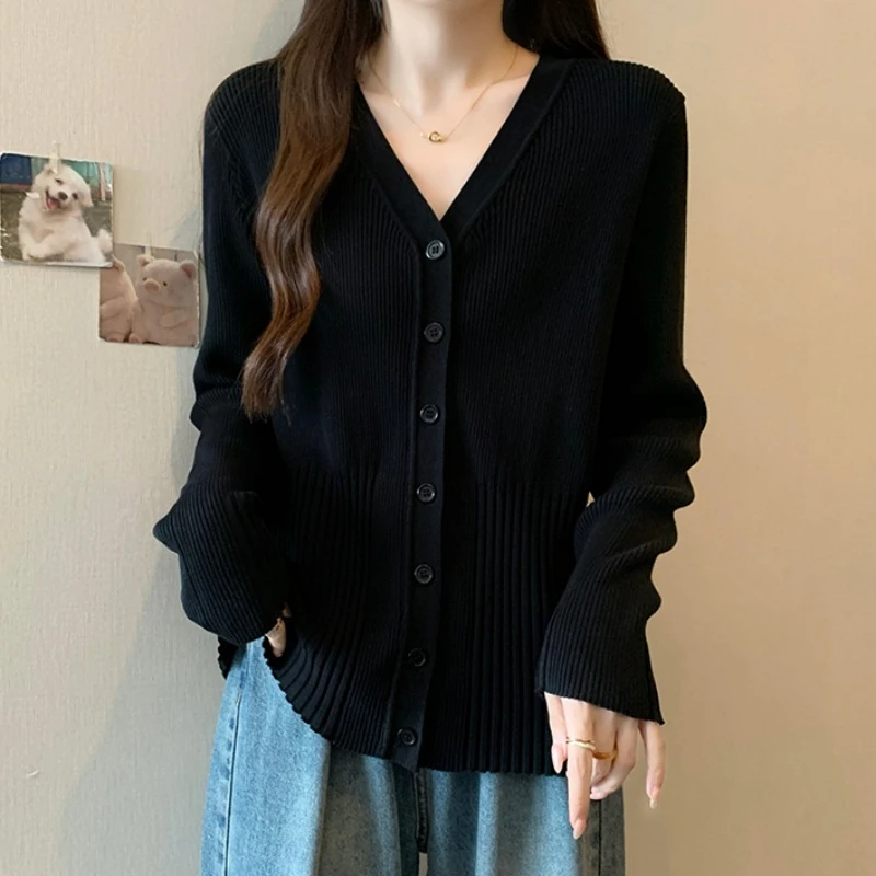 大码V领长袖针织开衫女春秋薄款胖MM宽松显瘦百搭洋气毛上衣外套