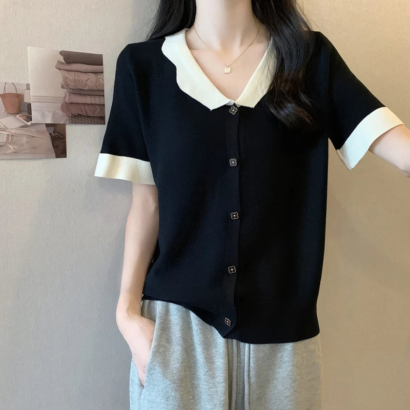 大码小香风V领短袖针织衫女夏季薄款胖M宽松显瘦洋气百搭冰丝上衣