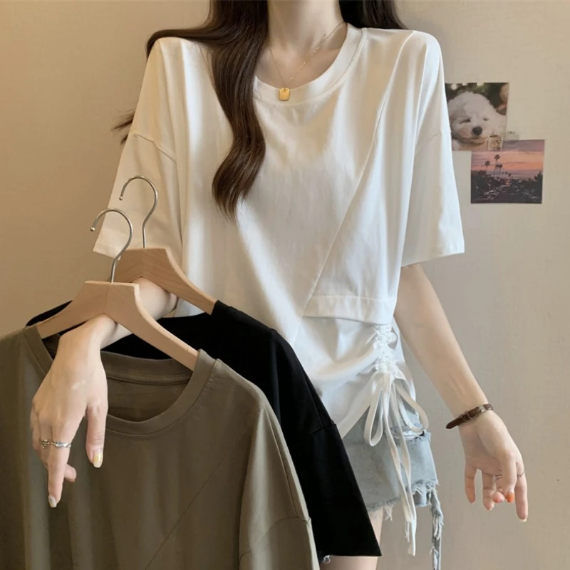 大码设计感抽绳短袖T恤女夏季新款胖M宽松显瘦百搭小众不规则上衣