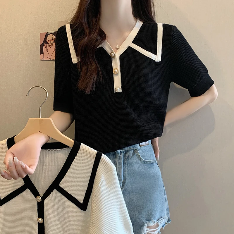 大码娃娃领短袖针织衫女夏季薄款胖M宽松显瘦百搭洋气冰丝T恤上衣