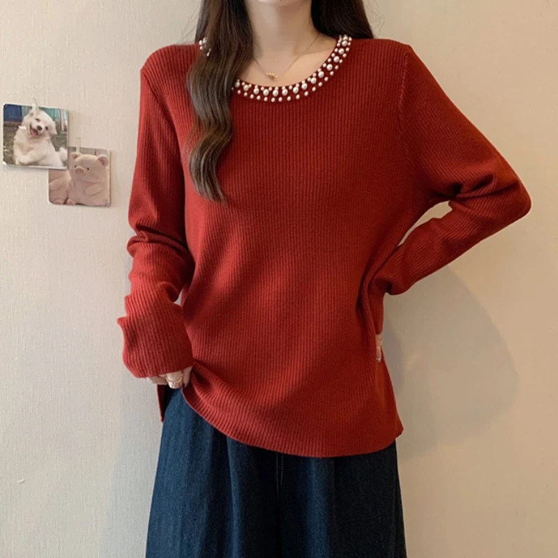 大码钉珠红色长袖针织打底衫女秋冬新款胖MM宽松显瘦百搭洋气毛衣