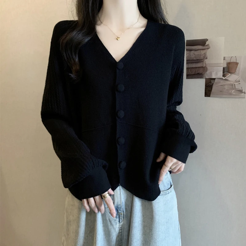 大码软糯V领毛衣开衫女春秋薄款胖MM宽松显瘦百搭长袖针织衫上衣