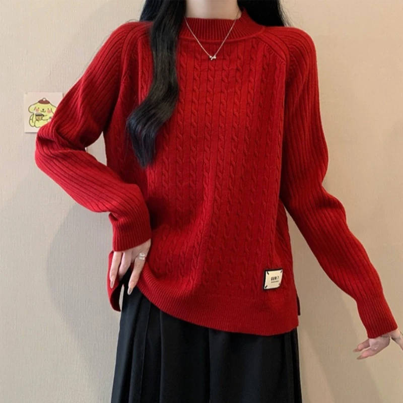 大码半高领红色加厚毛衣女秋冬新款宽松显瘦百搭洋气针织打底衫上