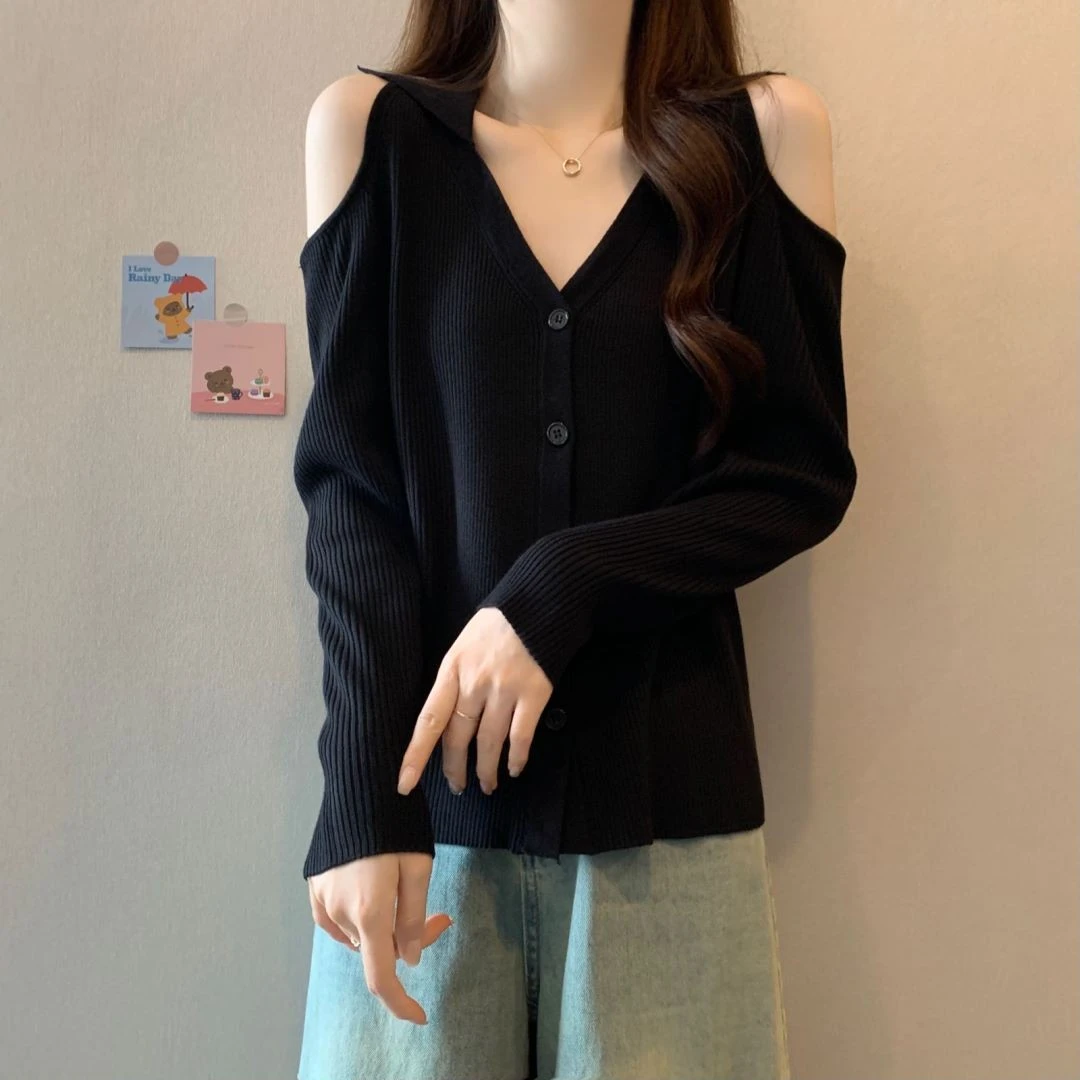 大码遮肚子露肩V领长袖针织开衫女春秋胖MM宽松显瘦百搭打底上衣