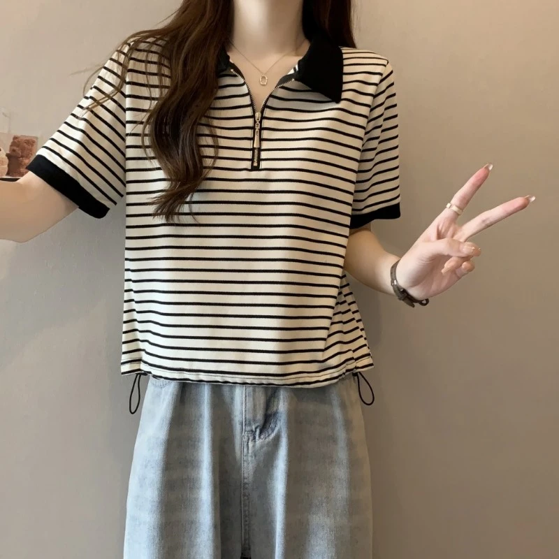 大码POLO领条纹短袖T恤女夏季胖妹妹遮肚子显瘦百搭抽绳正肩上衣