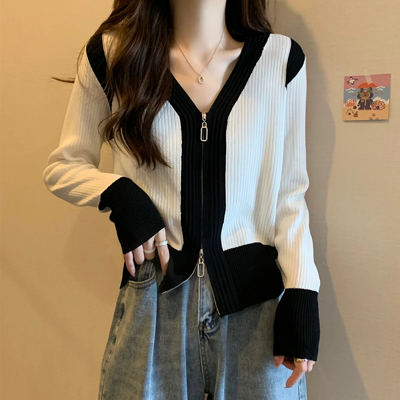 大码遮肚子双拉链针织开衫女春秋新款胖MM显瘦撞色长袖上衣打底衫