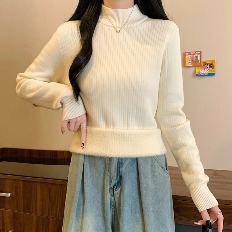 大码半高领一体加绒打底毛衣女秋冬微胖MM宽松显瘦百搭洋气针织衫