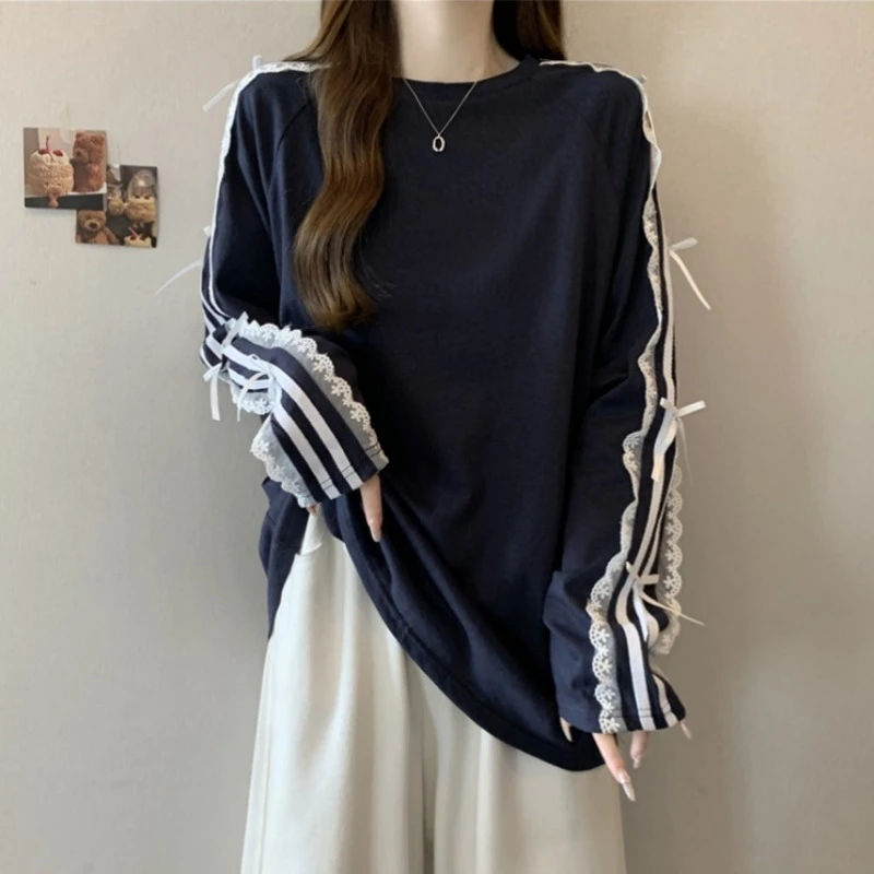 大码蝴蝶结蕾丝条纹长袖T恤女春秋新款胖MM宽松显瘦百搭小众上衣