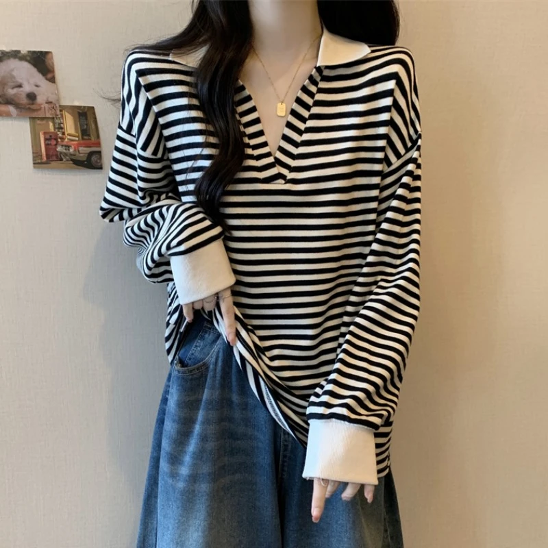 大码遮肚子POLO领条纹卫衣女春秋新款胖妹妹宽松显瘦百搭长袖上衣