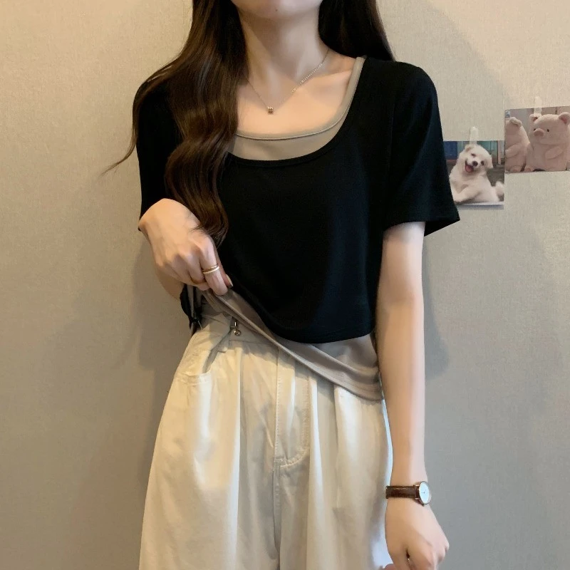 大码法式假两件U领短袖t恤女夏季新款胖妹妹显瘦遮肚短款正肩上衣