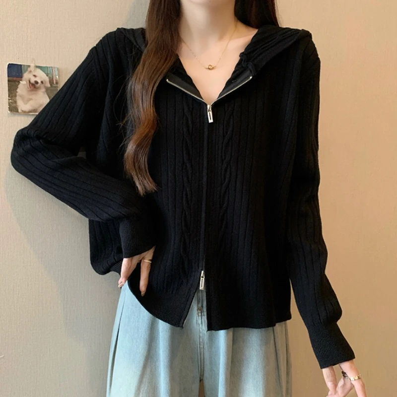 大码双拉链宽松连帽开衫毛衣外套女秋冬胖MM显瘦百搭洋气针织上衣