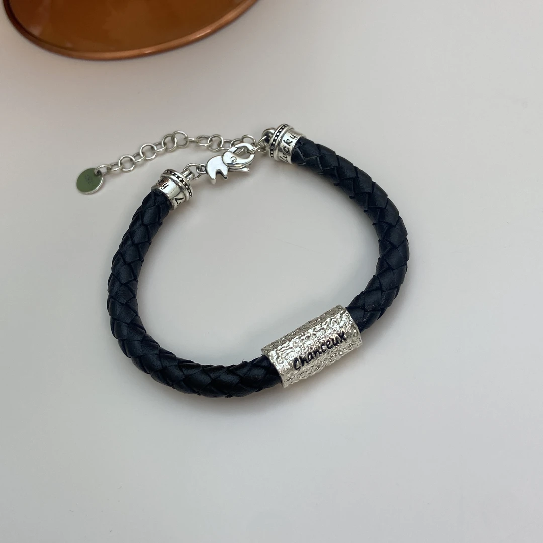 925银手链 《幸运Plus》时尚编织气质百搭小众不规则黑色皮质手链