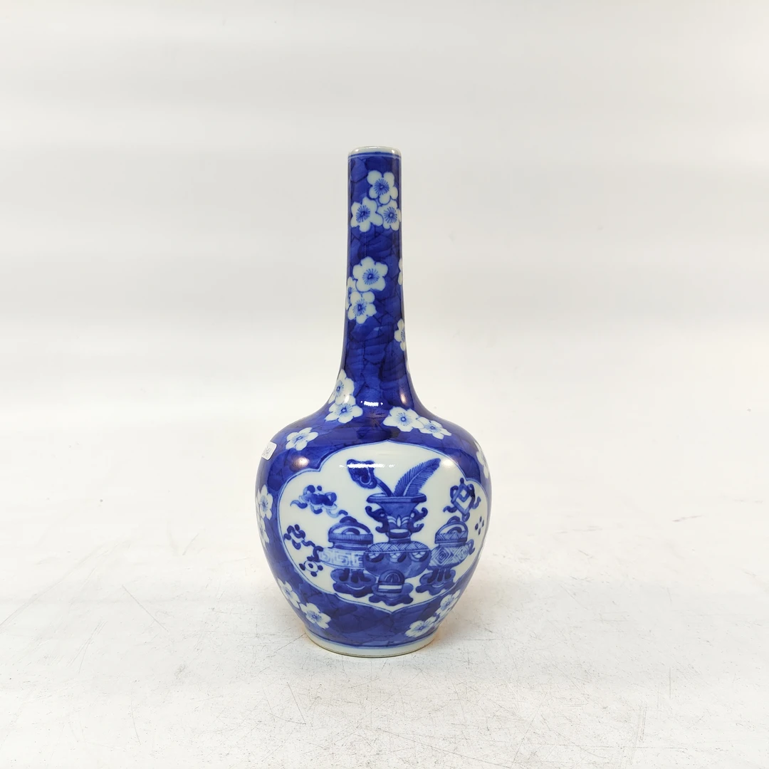(A6)AA0901070清晚期青花冰梅纹开窗博古纹瓶 青花瓷/古收藏