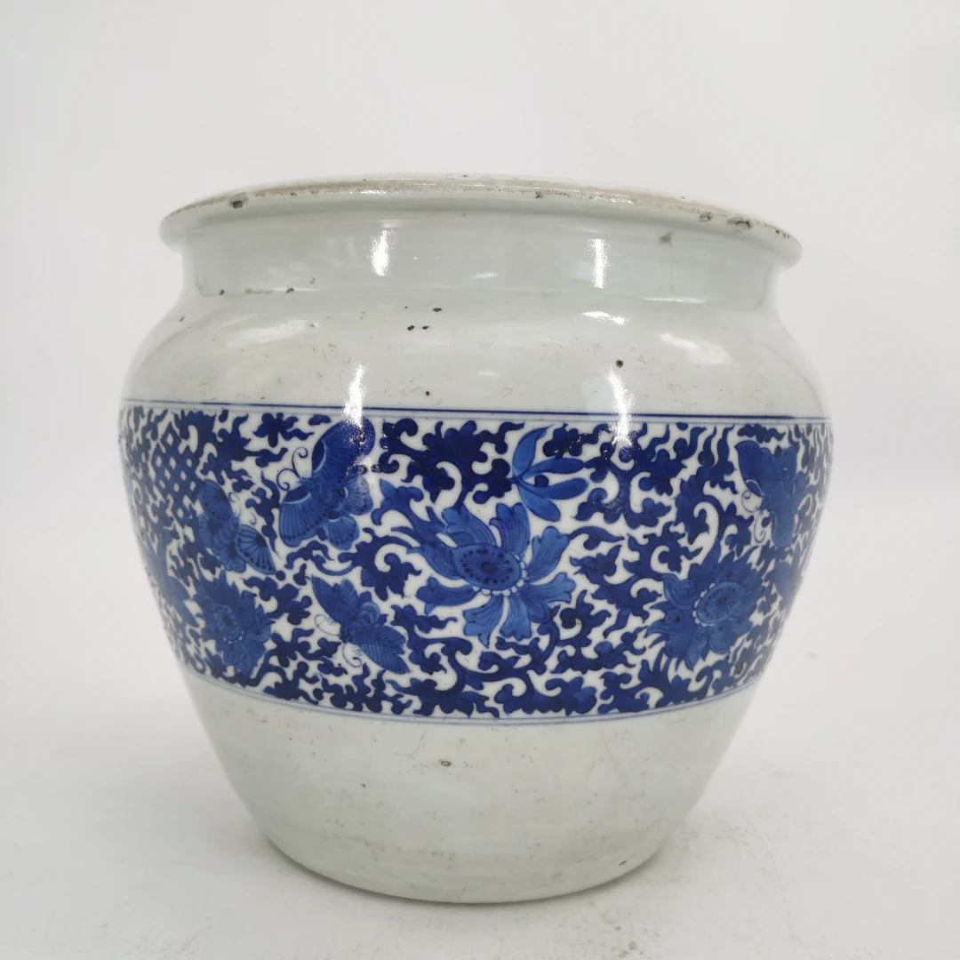 (AD7)H81817 清乾隆青花蝶恋花卉纹案头缸 瓷器