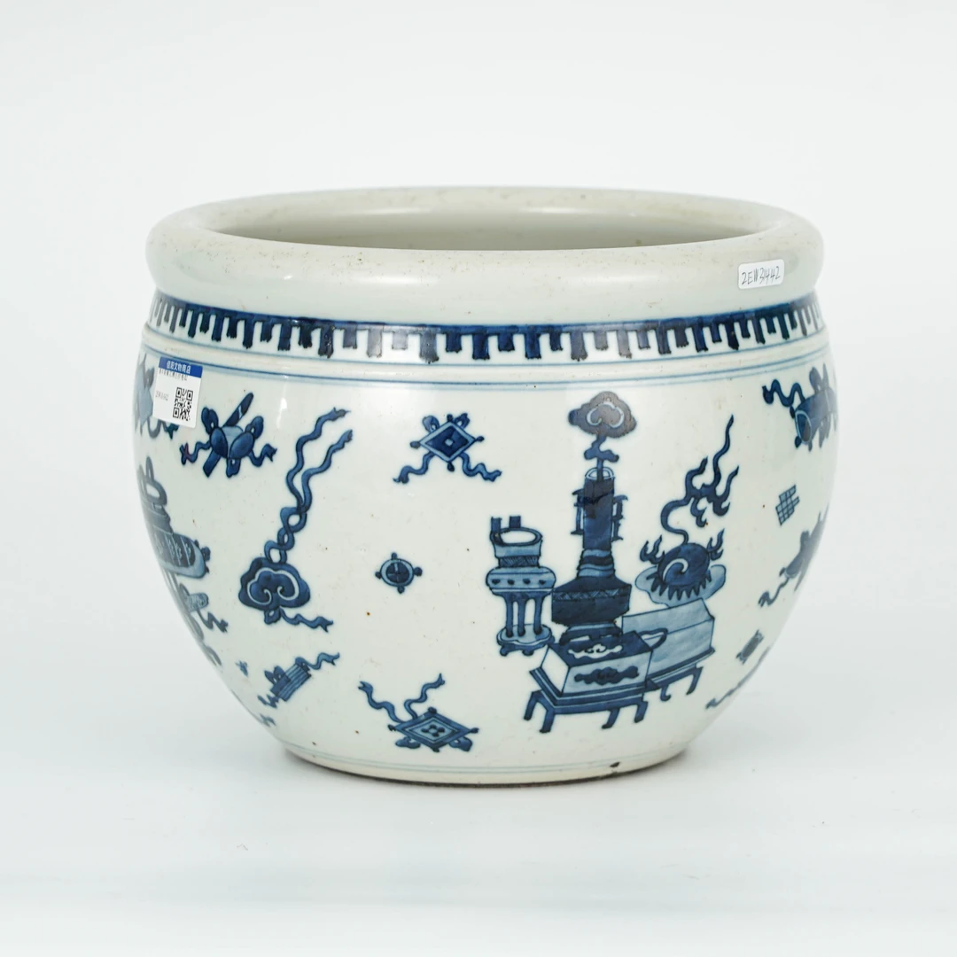 (AD6)2EW31442清中期青花博古纹卷缸古董收藏品/古瓷器