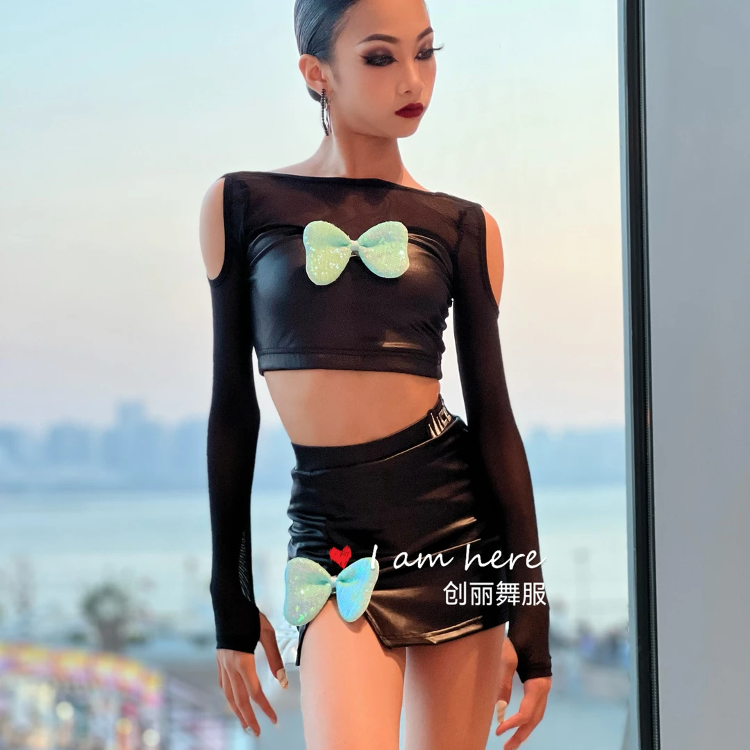 创丽舞服雅馨同款2024秋冬新款蝴蝶结可拆卸拉丁舞服练习服