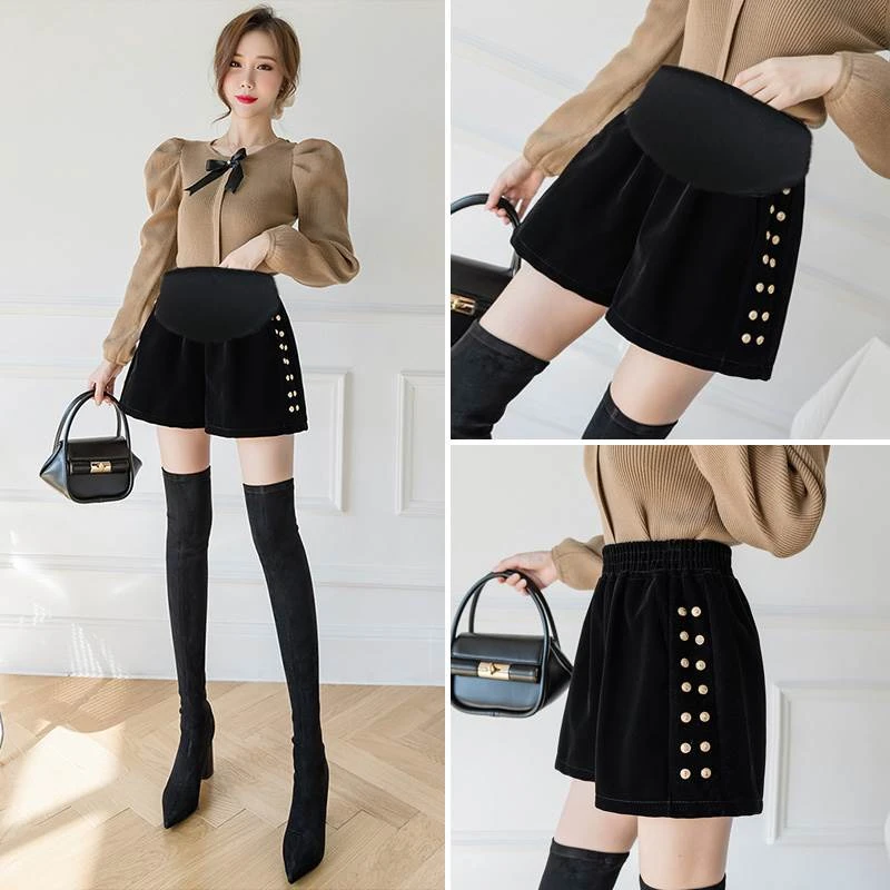 孕妇短裤金丝绒女秋冬2023新款高腰托腹显瘦铆钉a字阔腿靴裤外穿