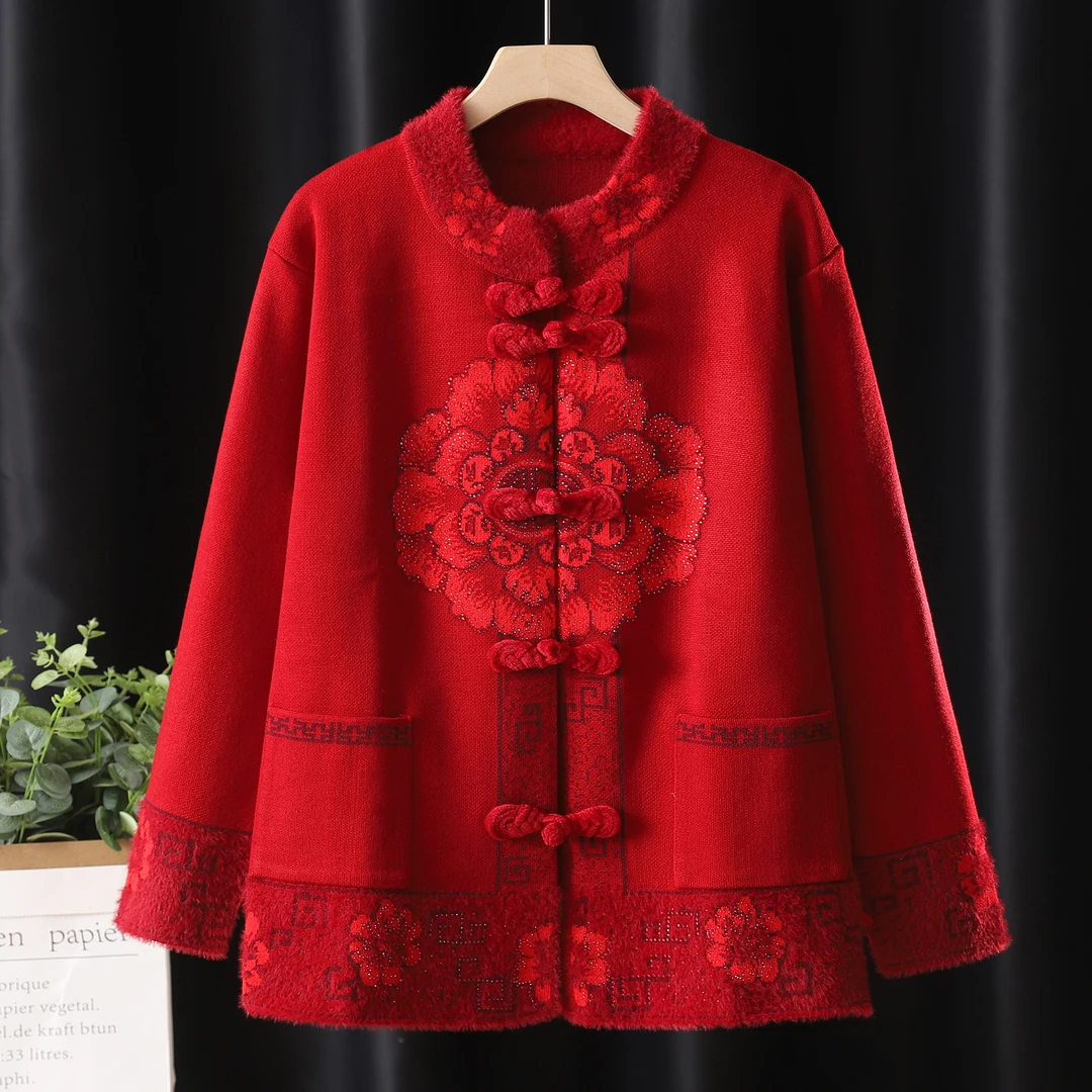 秋冬中老年妈妈装奶奶装老太太福气中国风针织外套毛衣盘口唐装