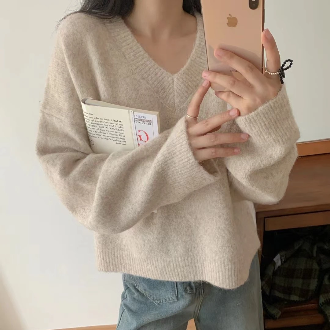绵羊毛针织衫毛衣宽松慵懒风v领套头女秋冬2024新款软糯高级感ins