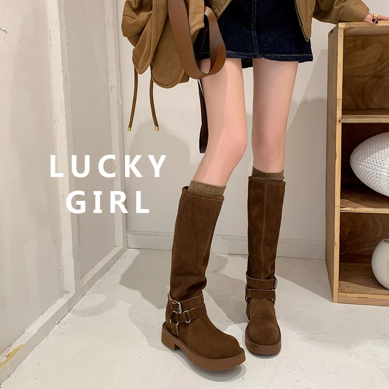 复古内增高西部牛仔靴棕色百搭牛反绒长靴秋冬时尚圆头高筒骑士靴