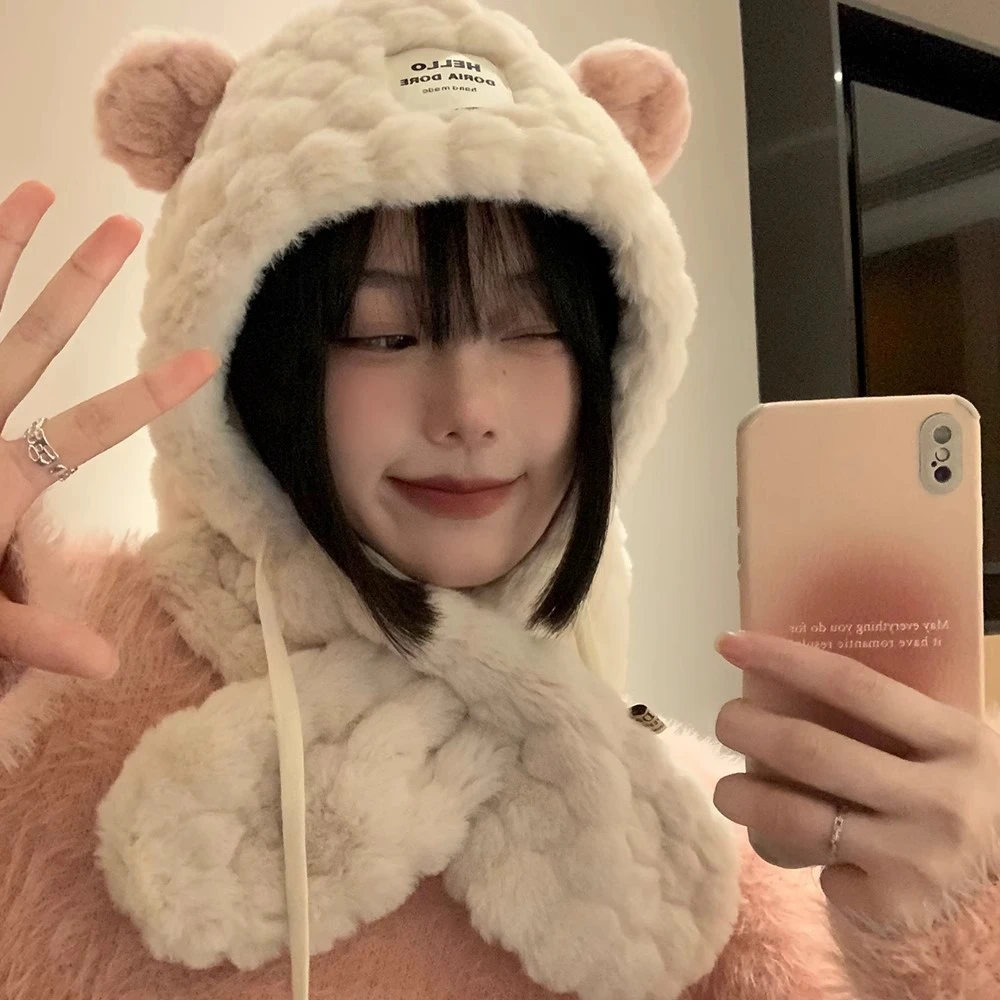 可爱小熊耳朵帽子围巾一体帽子女秋冬毛绒加厚保暖骑车防寒护耳帽