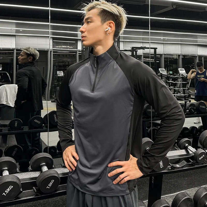 bkcxzice破冰半拉链速干冰感运动拼接t恤长袖户外宽松训练健身衣