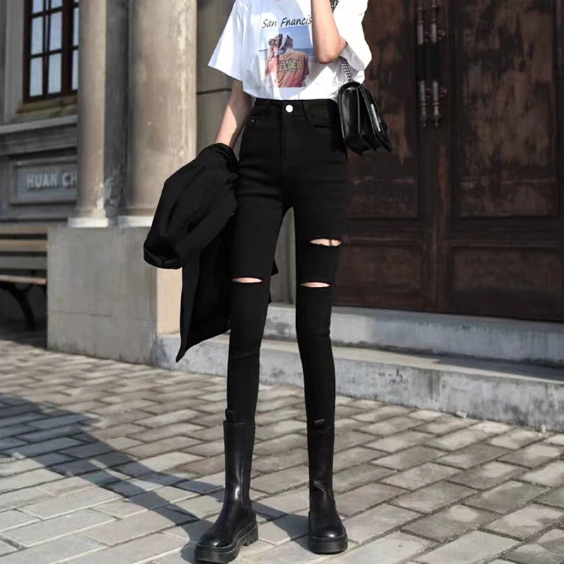 黑色破洞牛仔裤女弹力夏季新款高腰显瘦薄款紧身魔术铅笔小脚裤潮