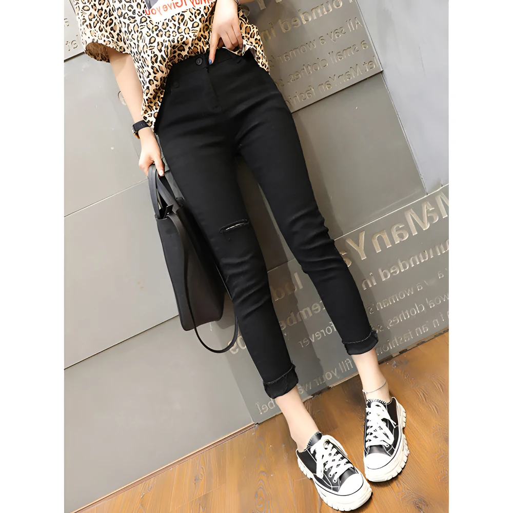 破洞八分打底裤女外穿矮个子小脚裤春夏季薄款高腰弹力九分牛仔裤