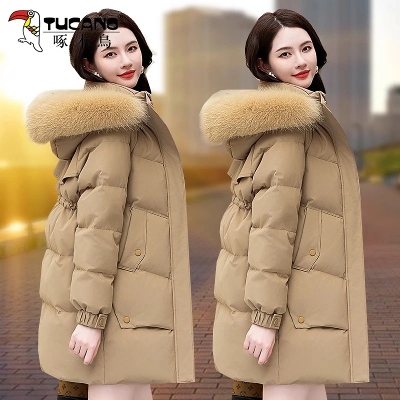 【官方品牌】啄木鳥白鸭绒羽绒服女中长款2025新款冬季宽松连帽外套