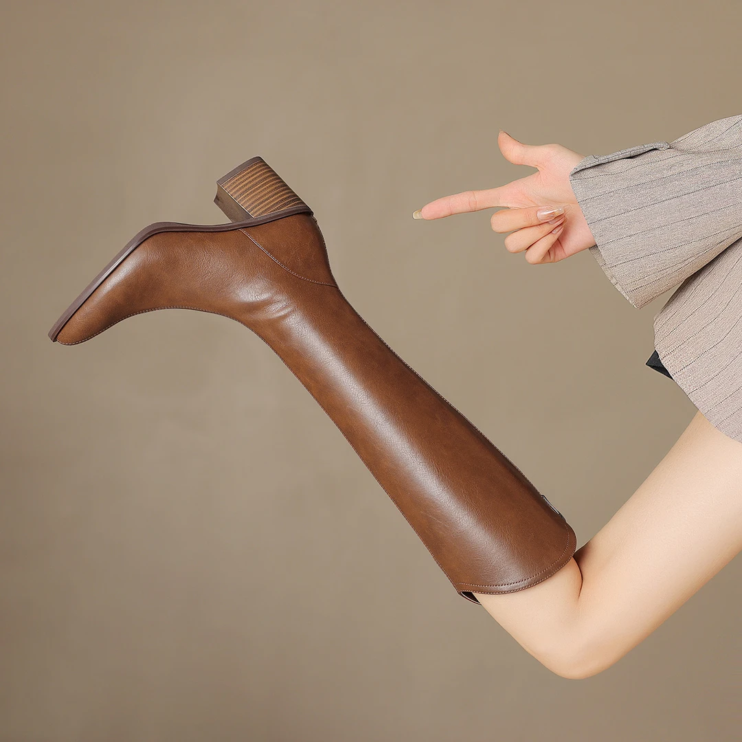 Koee【7cm】真皮长筒靴秋冬新款尖头百搭小个子时尚骑士靴高跟长靴