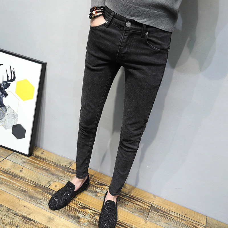 黑灰做旧抓绒加厚修身小脚牛仔裤男爆款2025秋冬韩版简约水洗九分
