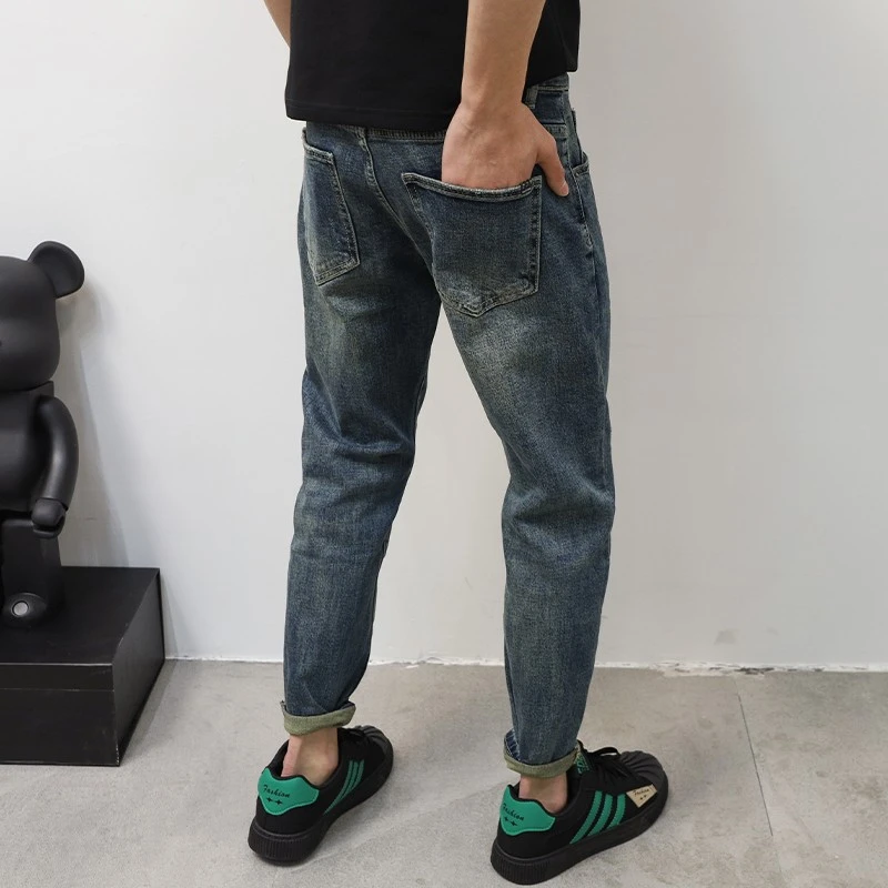 美式潮牌牛仔裤男修身小脚裤2025秋款爆款韩版痞帅水洗蓝色九分裤