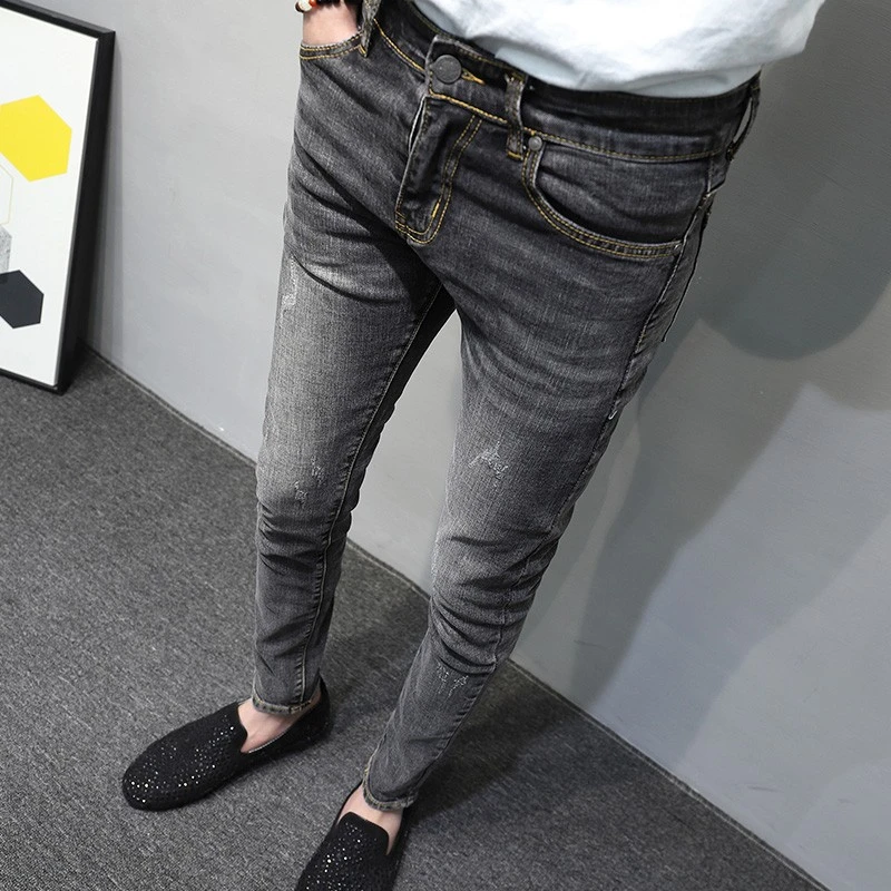黑灰潮流牛仔裤男士修身小脚裤子时尚百搭韩版九分裤2025秋季爆款