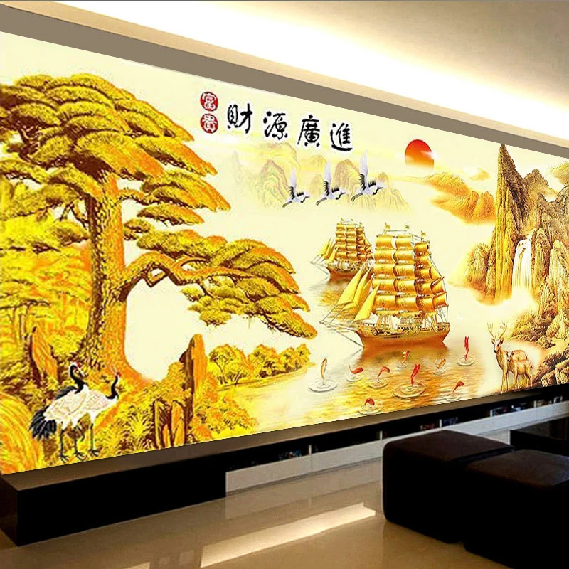 财源广进钻石画2024新款满钻一帆风顺5d钻石十字绣客厅山水画风景
