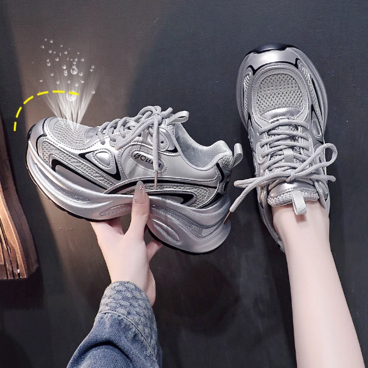 复古老爹鞋女2025新款春季厚底增高女鞋网面透气百搭轻便运动鞋子
