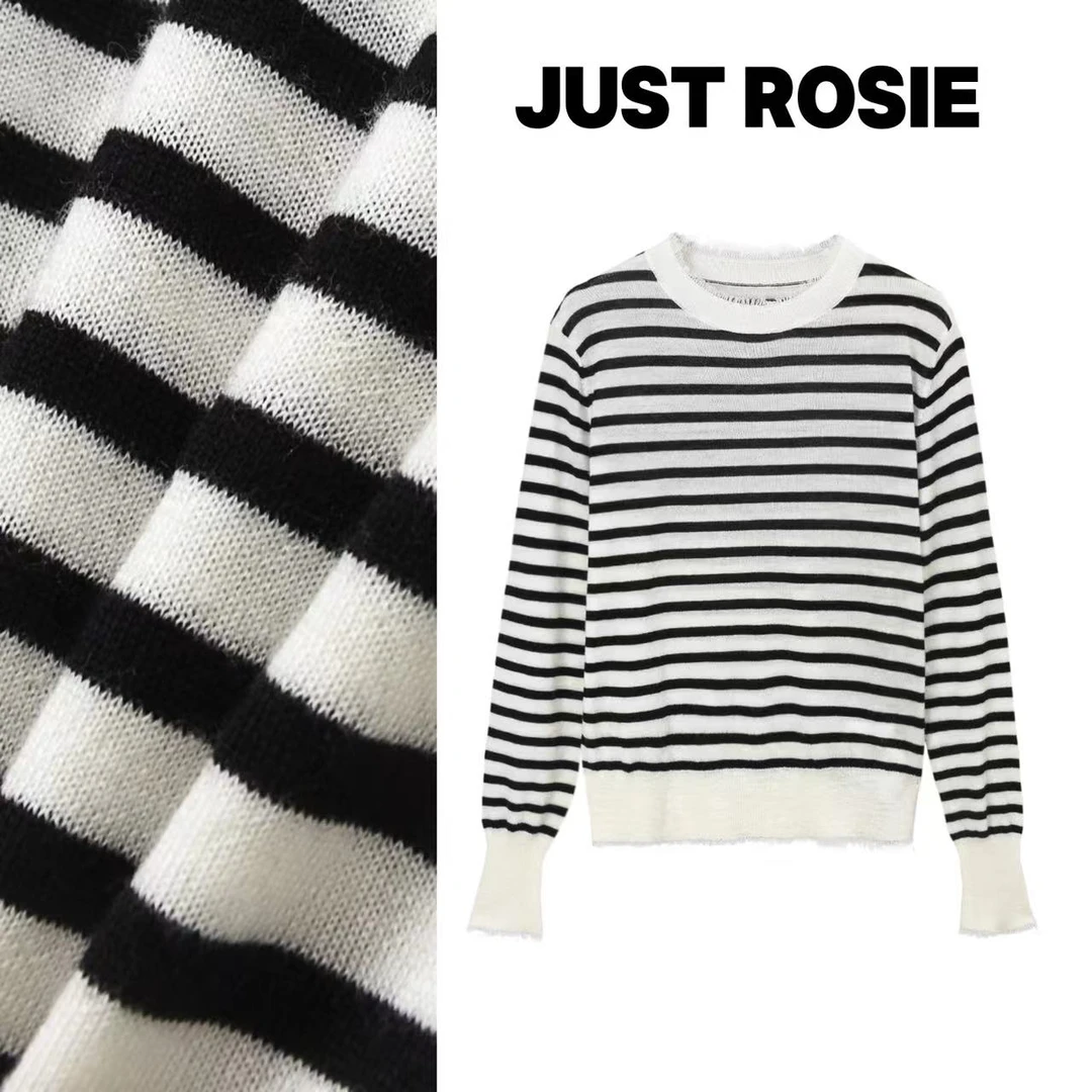 【莫妮卡卡】（衣长55）早秋上新条纹撞色慵懒圆领针织衫ZCA3069