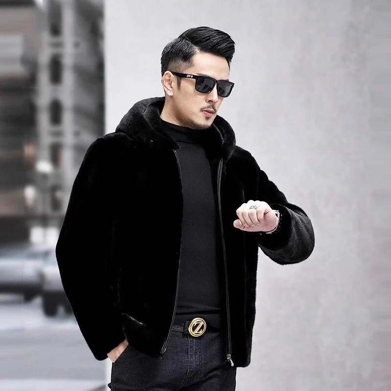 【加关注领取专属】男士外套连帽冬季毛毛大衣御寒神器 黑色貂海宁