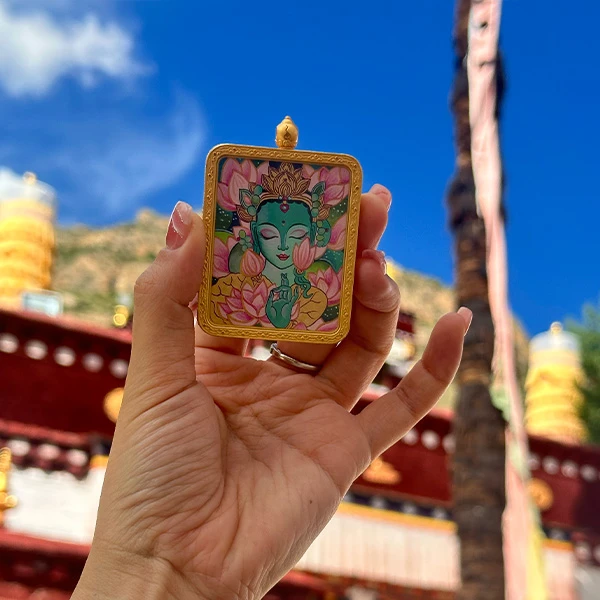 纯手绘唐卡项链矿物颜料莲花绿度唐卡拉萨直飞