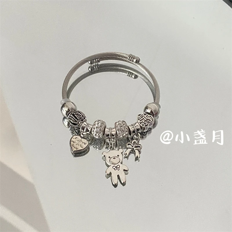 不锈钢亚克力手镯 不掉色爱心小熊甜美少女手镯 百搭小众开口手镯