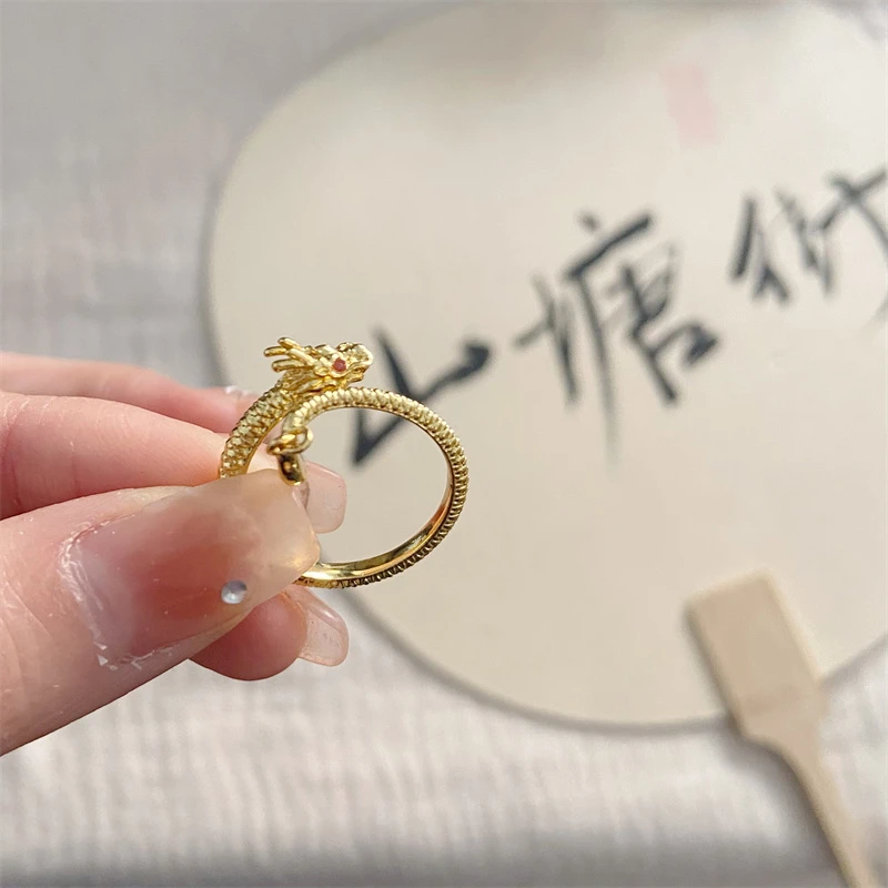铜合金戒指 神龙摆尾可调节戒指女国风本命年生肖活口金色戒指女