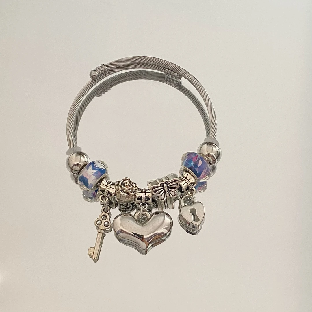 不锈钢树脂手镯 不锈钢爱心手镯可diy串珠百搭小众设计感开口手镯