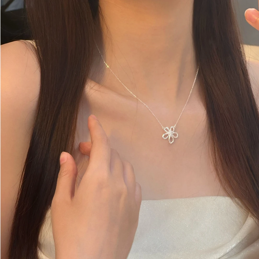 顺钦银楼 坠链均925银合成锆石 【莞宜项链】银S925锆石花花项链ins