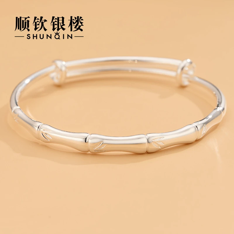 顺钦银楼 足银手镯  足银竹节实心手镯百搭简约光面银手镯